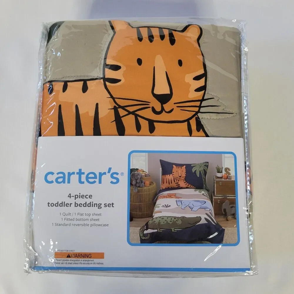 Carters 4pc Toddler Bedding Set Jungle Animal Tiger Elephant Safari Zoo Navy Tan